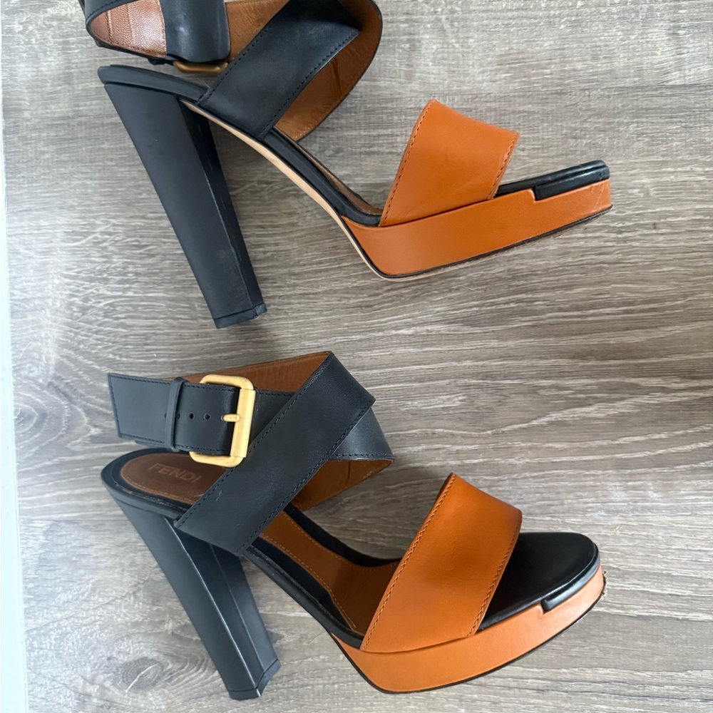 Fendi Black and Tan Heels with Chunky Platform